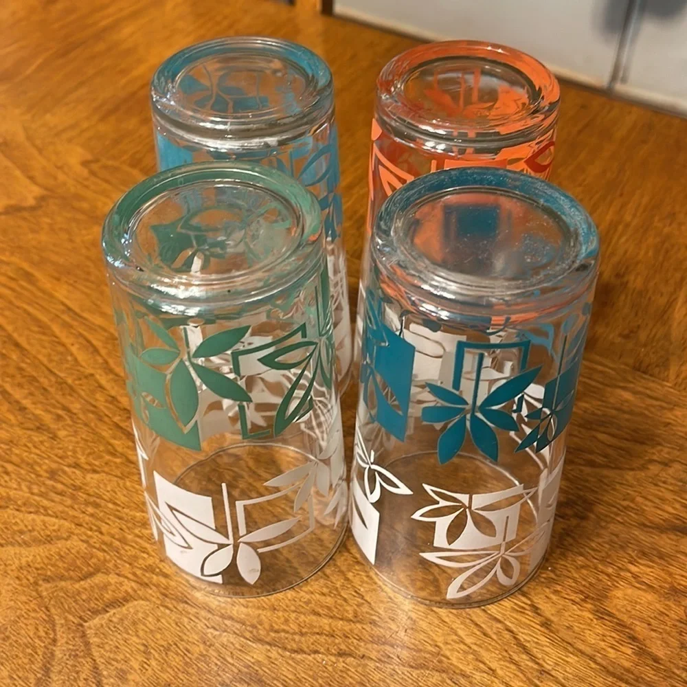 Vintage MCM Highball Tiki Juice Glass Set Peanut Butter Tiki Floral Barware Set